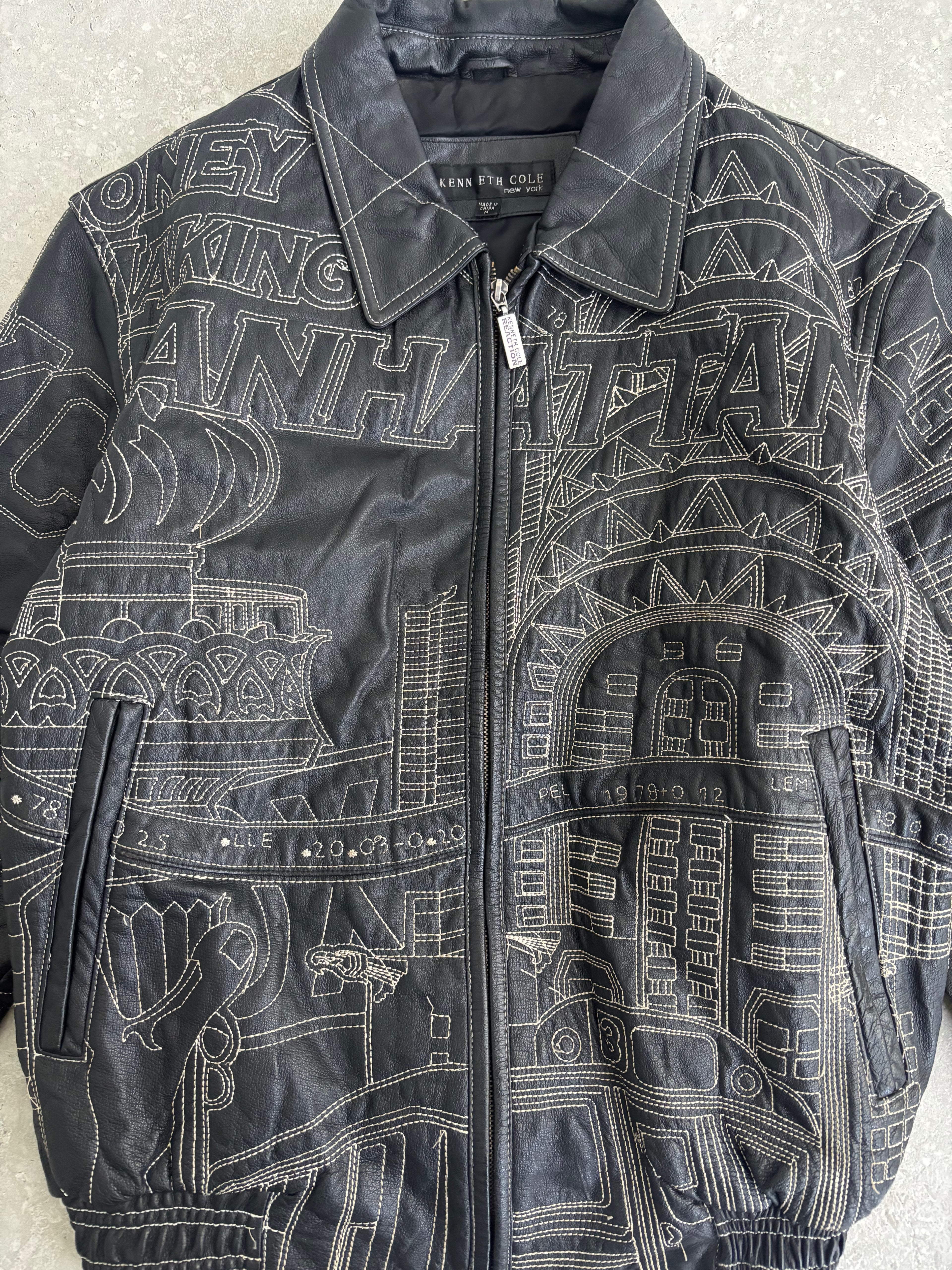 Vintage Kenneth Cole NewYork Embroidered Leather Jacket Size-M