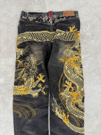 Karakuri black tab jeans with full dragon embroidery. Size 34–36.