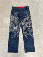 Japanese Tradition Dragon & Phoenix All-Over Embroidered Jeans — Size 30-32