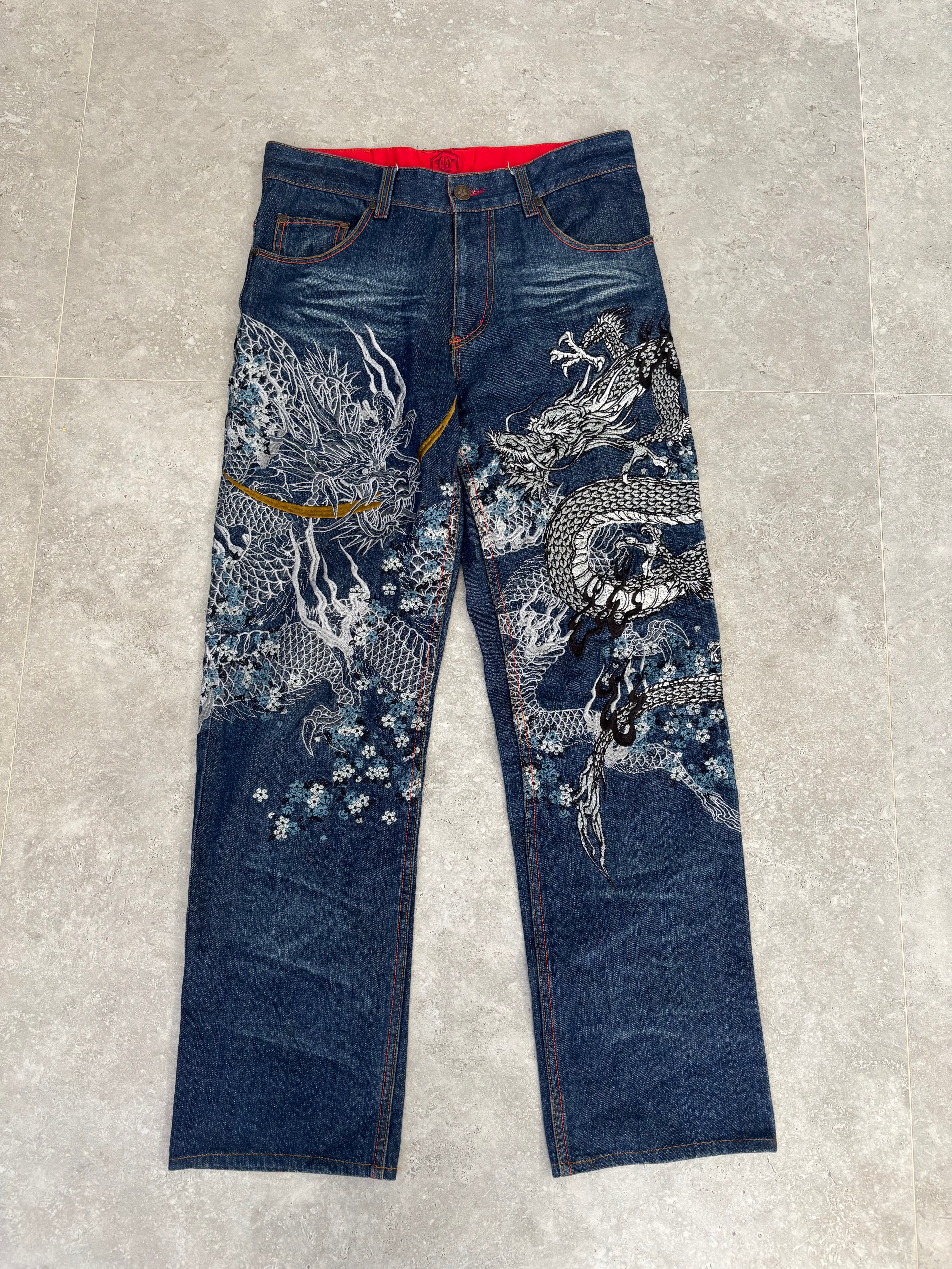 Japanese Tradition Dragon & Phoenix All-Over Embroidered Jeans — Size 30-32