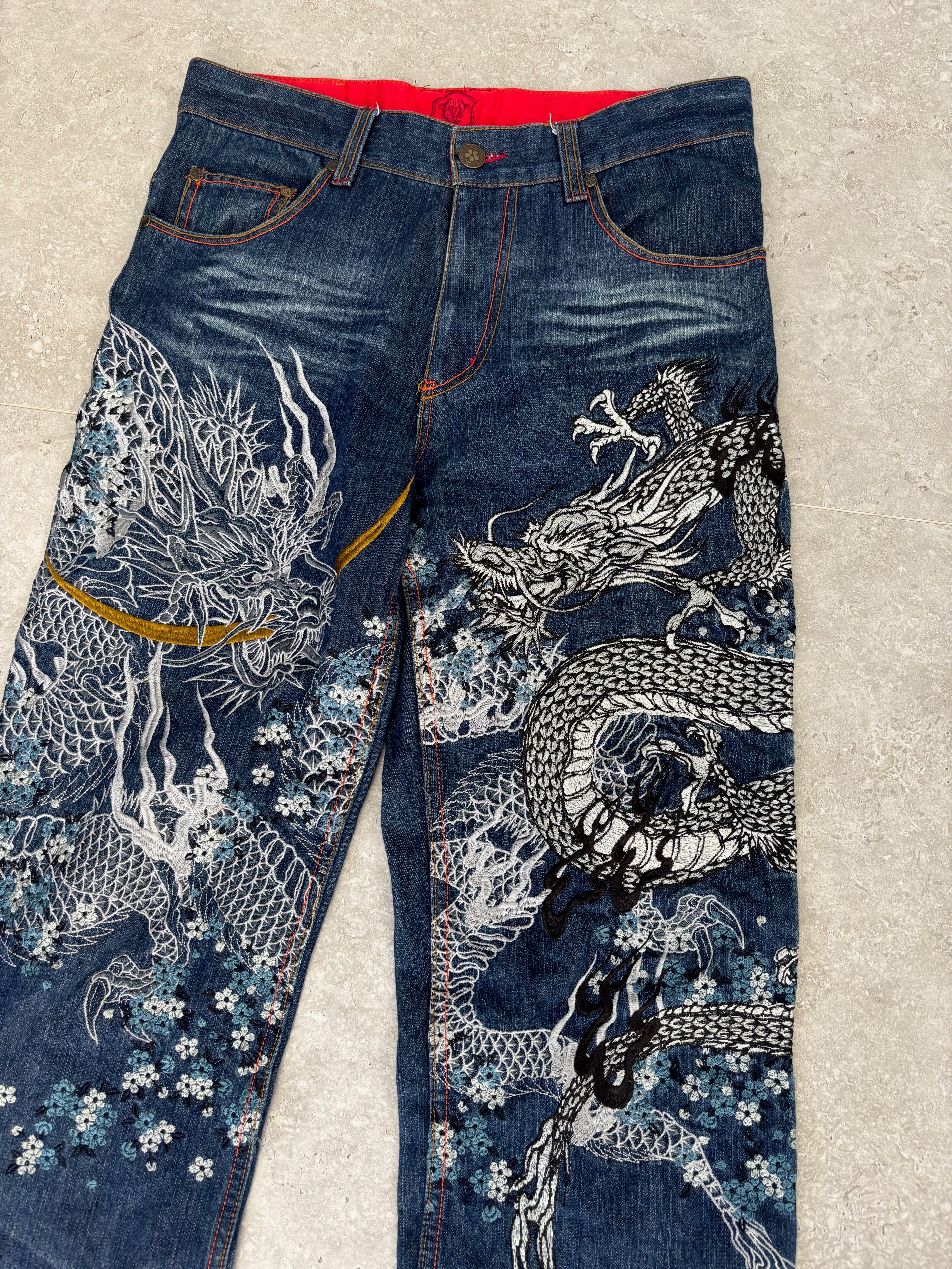 Japanese Tradition Dragon & Phoenix All-Over Embroidered Jeans — Size 30-32