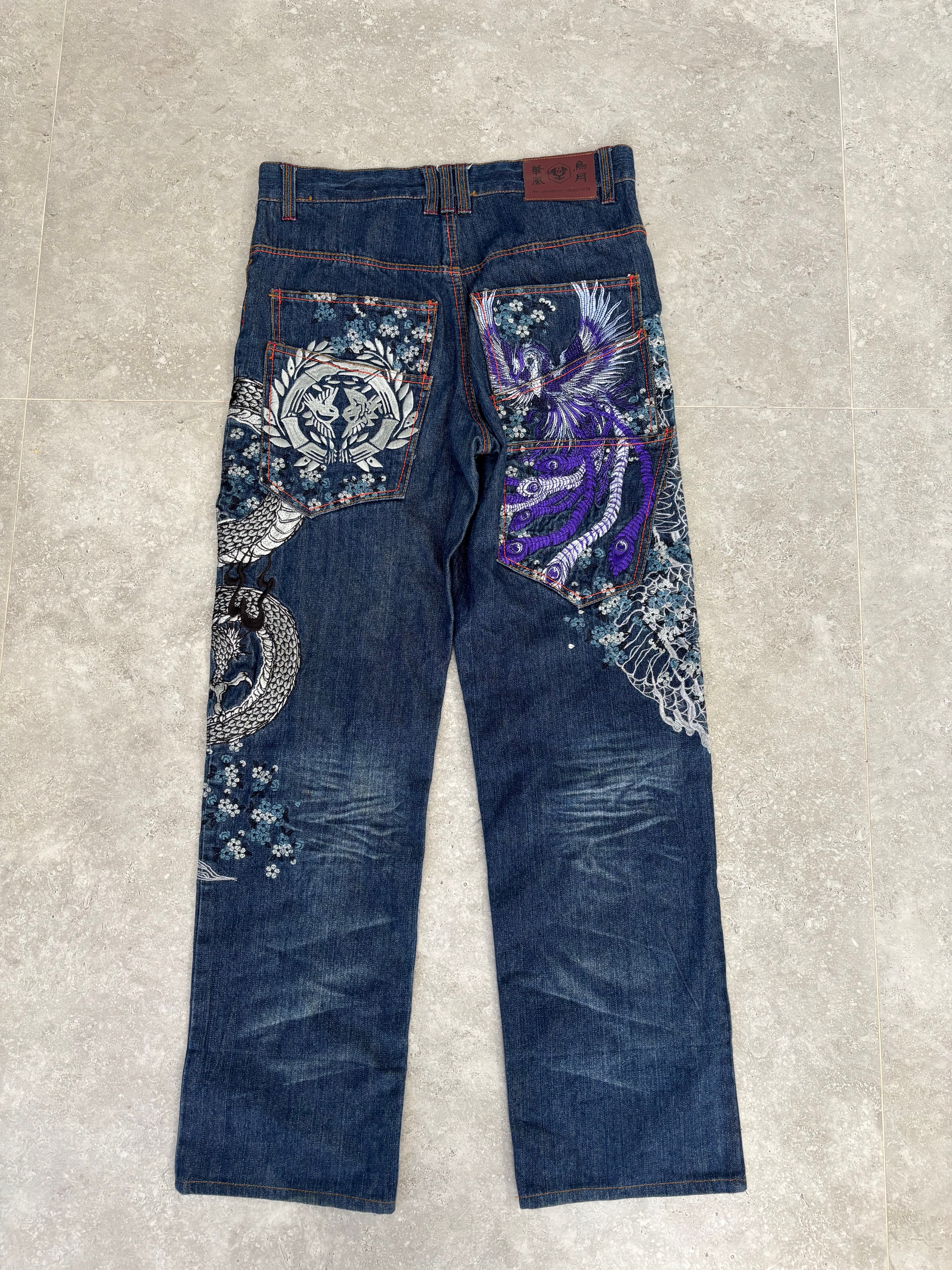 Japanese Tradition Dragon & Phoenix All-Over Embroidered Jeans — Size 30-32