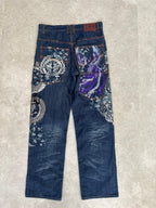 Japanese Tradition Dragon & Phoenix All-Over Embroidered Jeans — Size 30-32