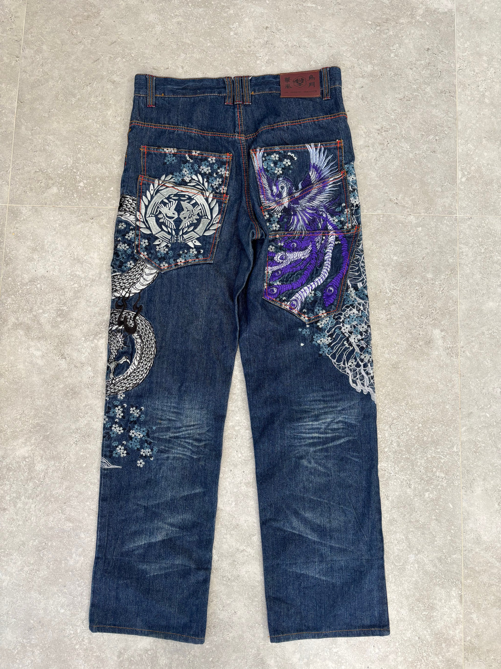 Japanese Tradition Dragon & Phoenix All-Over Embroidered Jeans — Size 30-32
