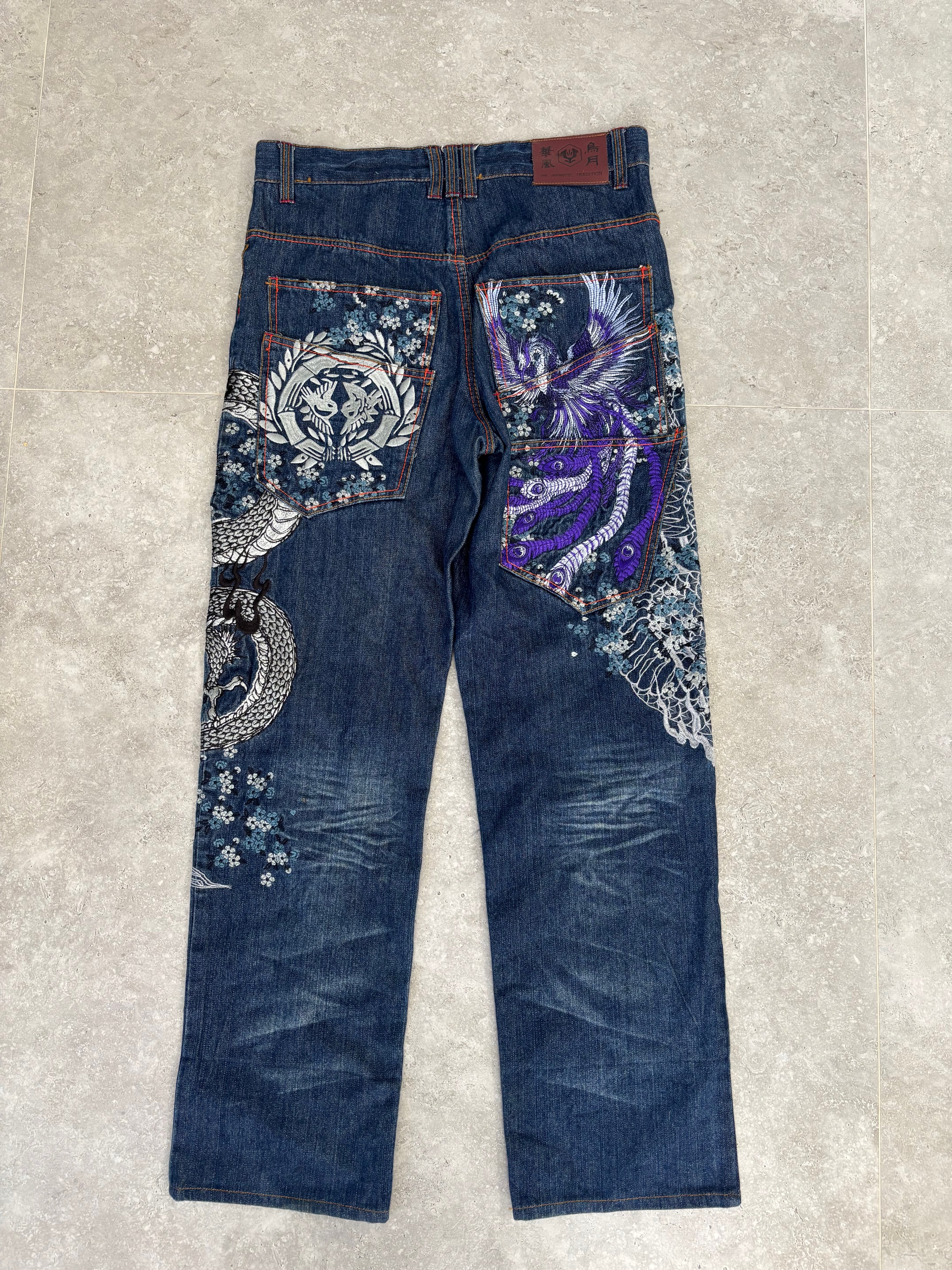 Japanese Tradition Dragon & Phoenix All-Over Embroidered Jeans — Size 30-32