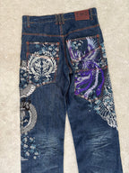 Japanese Tradition Dragon & Phoenix All-Over Embroidered Jeans — Size 30-32