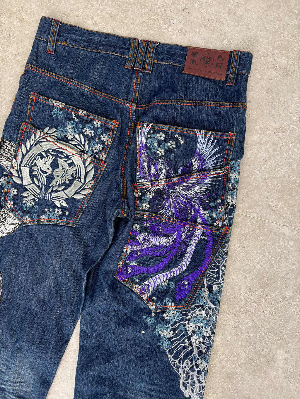 Japanese Tradition Dragon & Phoenix All-Over Embroidered Jeans — Size 30-32