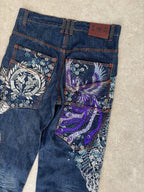 Japanese Tradition Dragon & Phoenix All-Over Embroidered Jeans — Size 30-32