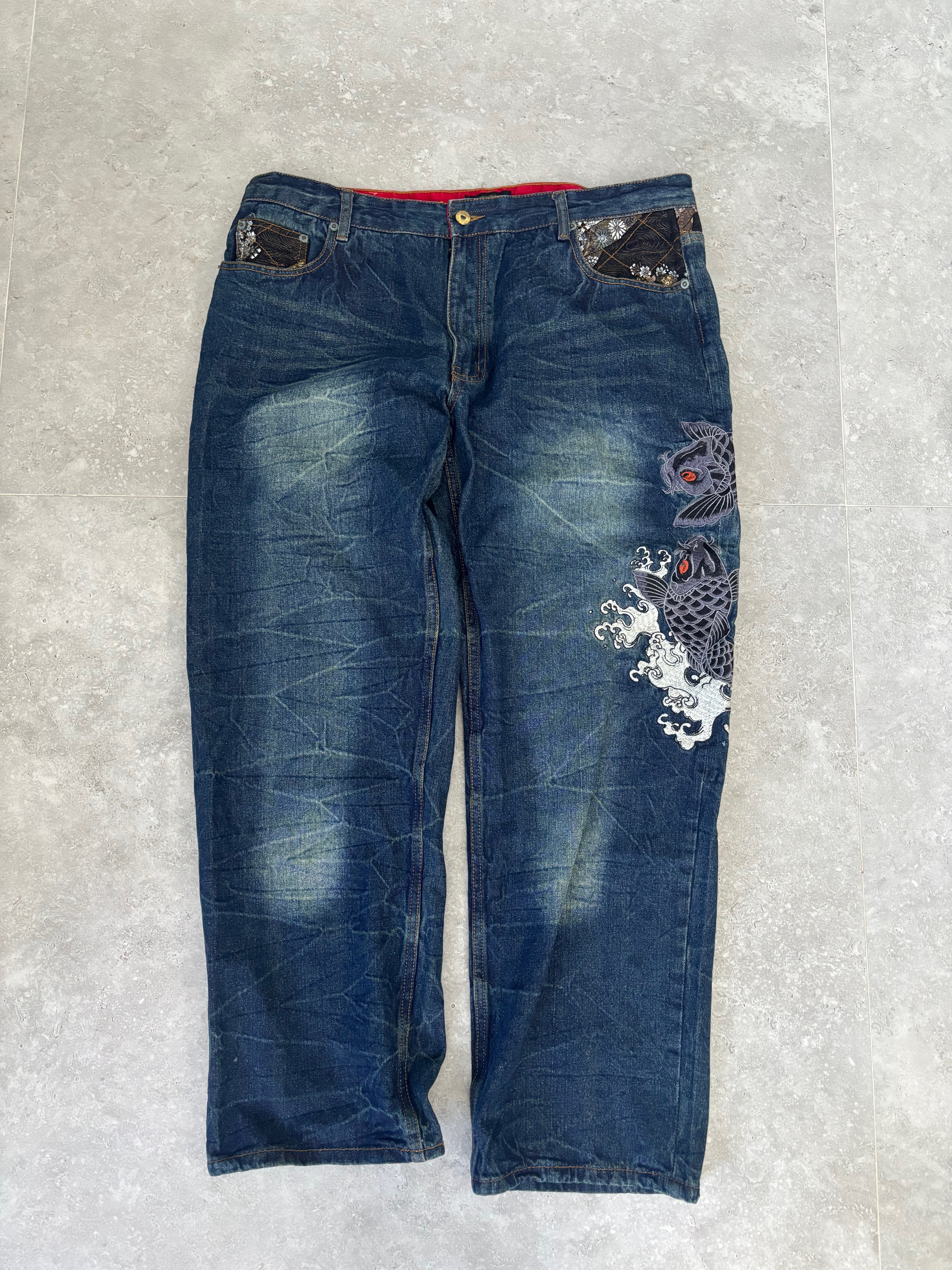 Japanese Embroidered Koi Jeans size 38-40